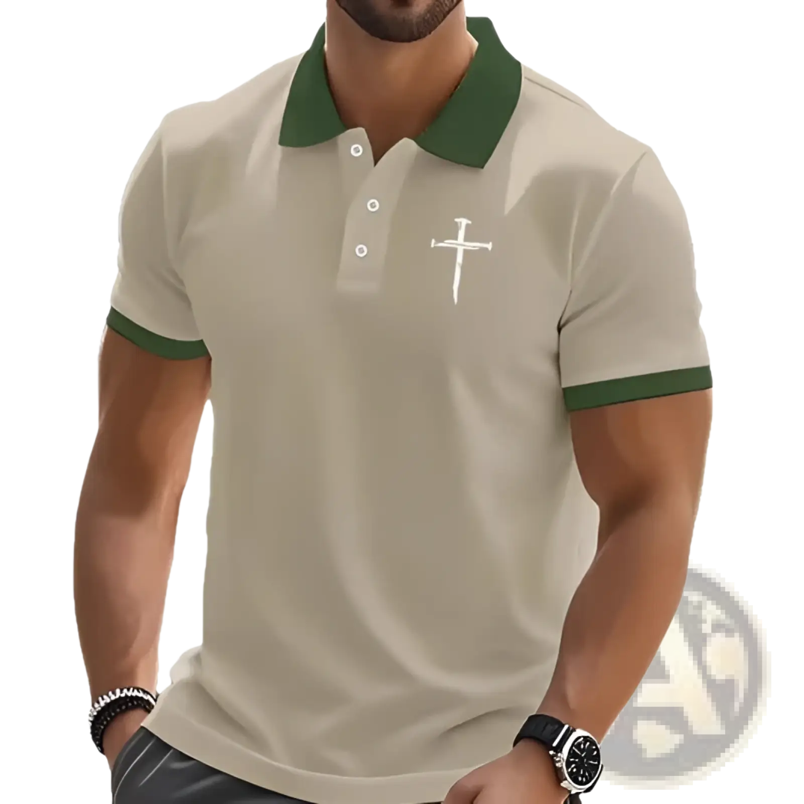 Beige embroidered cross contrast trim polo shirt with green collar and sleeve trim featuring white chest cross