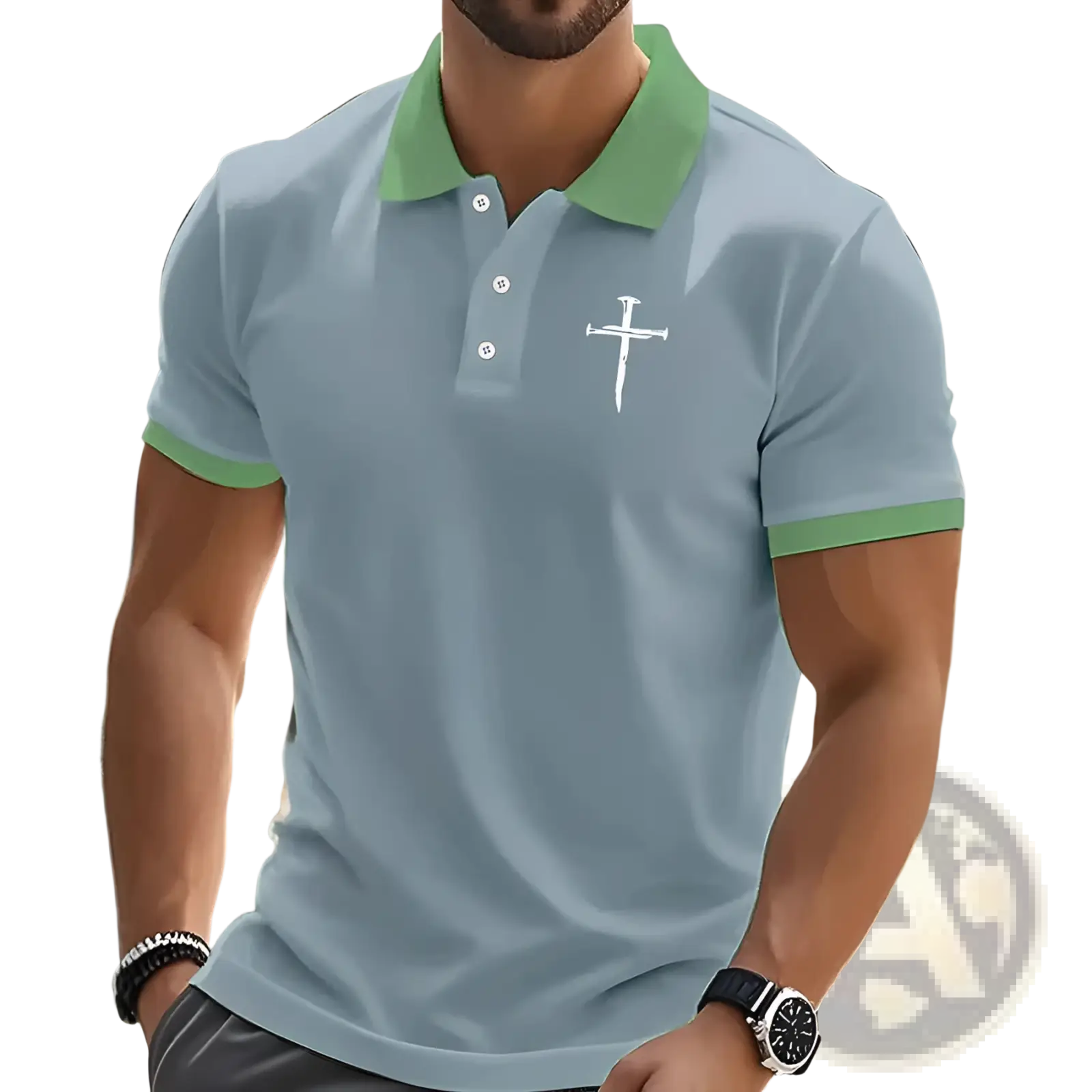 Light blue embroidered cross contrast trim polo shirt with green collar and sleeve trim featuring a white chest emblem