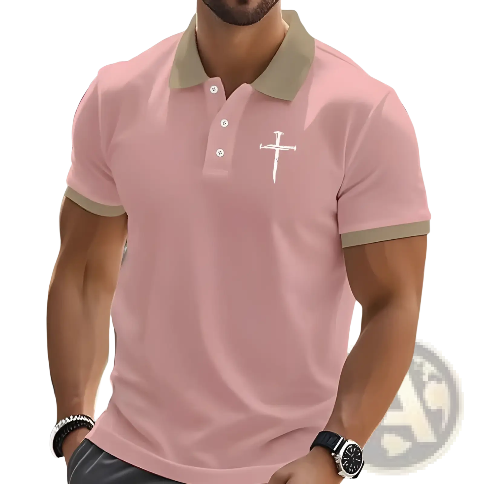 Pink polo shirt with beige collar and sleeve trim, featuring a white embroidered cross on the chest.