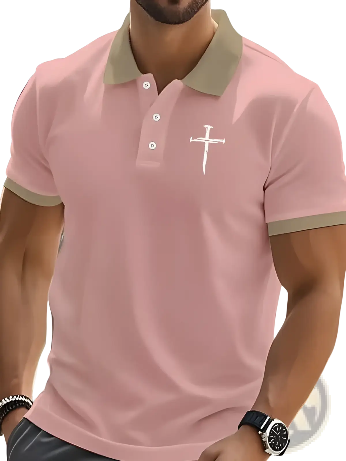 Pink polo shirt with beige collar and sleeve trim featuring a white embroidered cross on the chest