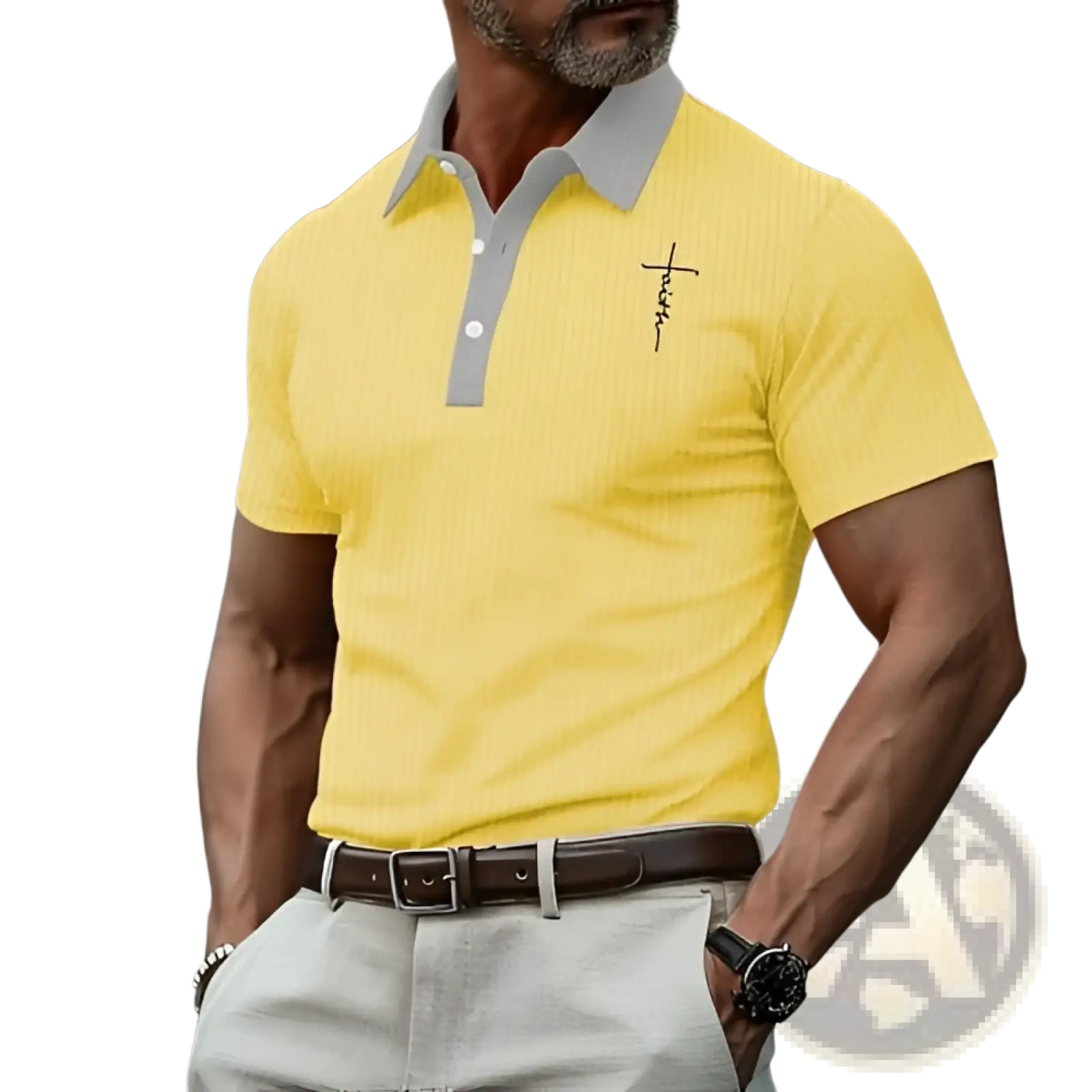 Yellow ribbed polo shirt with gray collar and placket featuring a small black embroidered cross on the left chest