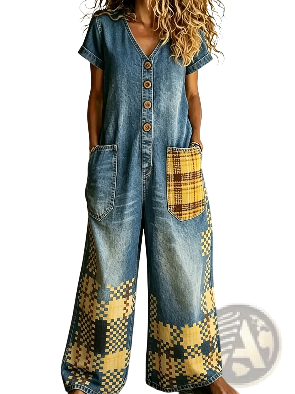 Blue denim embroidered jumpsuit with wide leg, short sleeves, yellow and brown plaid patch pockets, and pixelated leg pattern