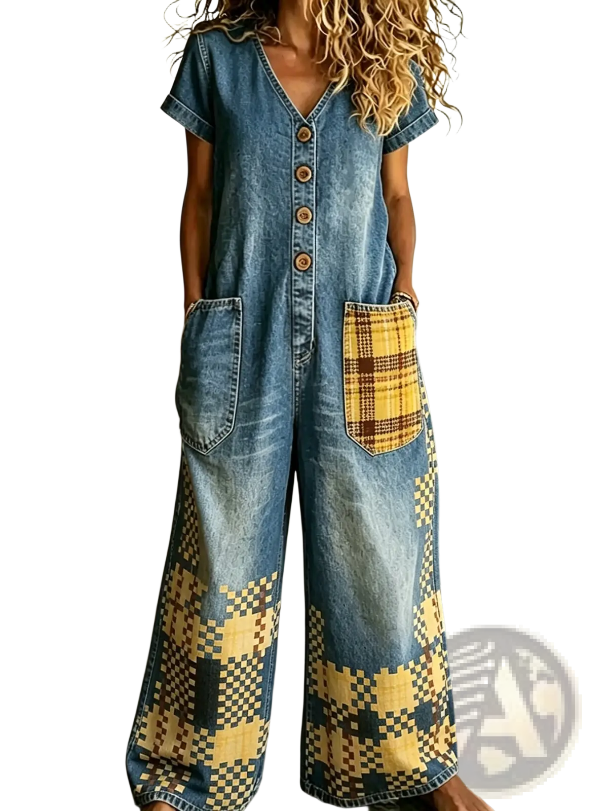 Blue denim embroidered jumpsuit with wide leg, short sleeves, yellow and brown plaid patch pockets, and pixelated leg pattern