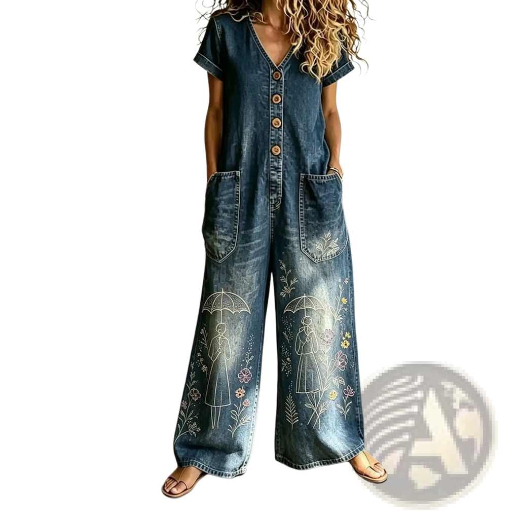 Blue denim embroidered jumpsuit with floral and umbrella designs on wide leg short sleeves
