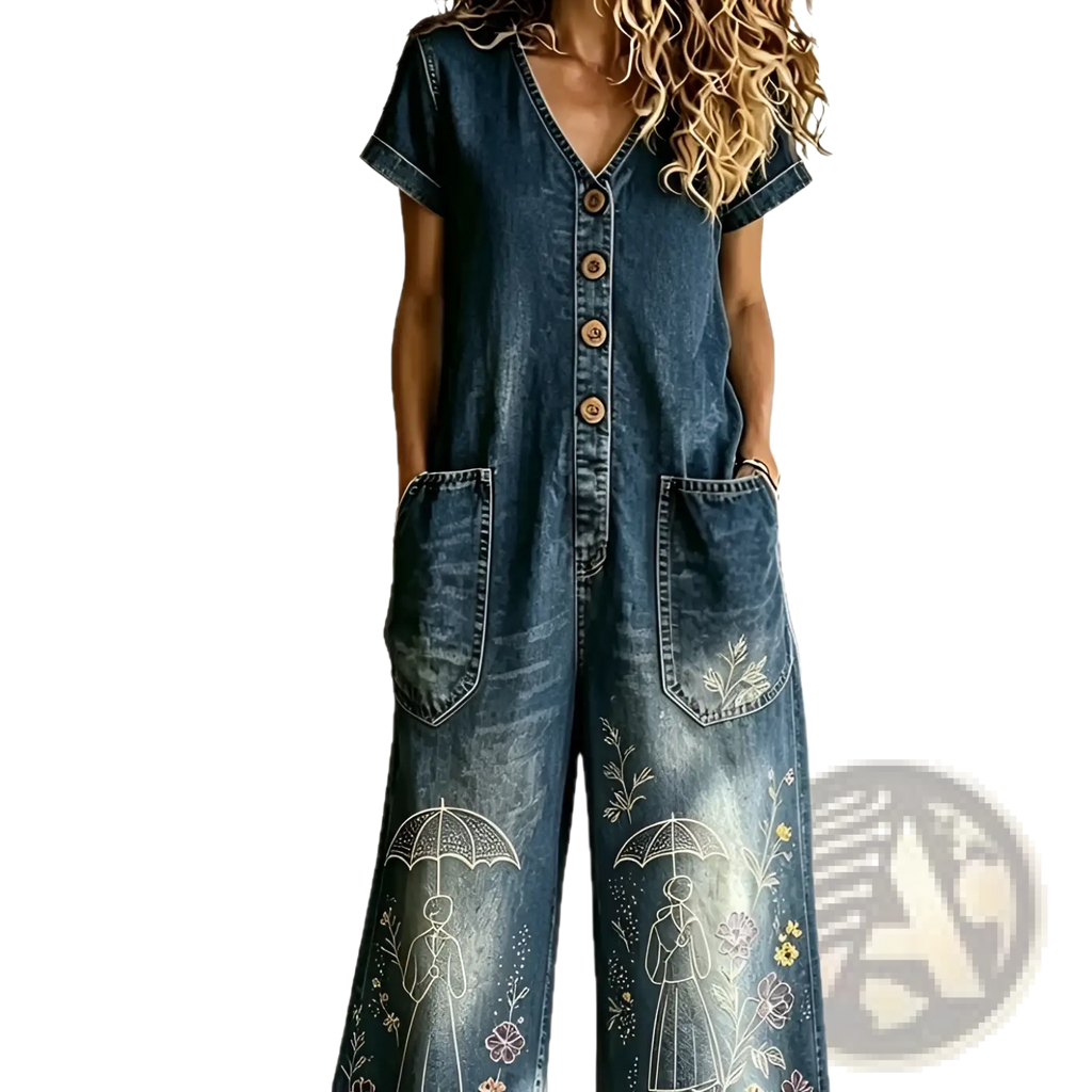 Denim wide leg jumpsuit with short sleeves v-neckline wooden buttons and embroidered floral and umbrella motifs
