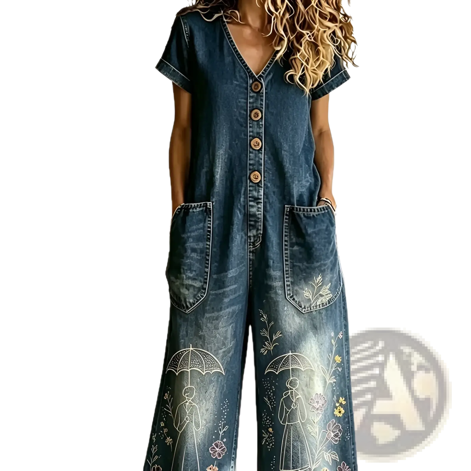 Denim wide leg jumpsuit with short sleeves v-neckline wooden buttons and embroidered floral and umbrella motifs