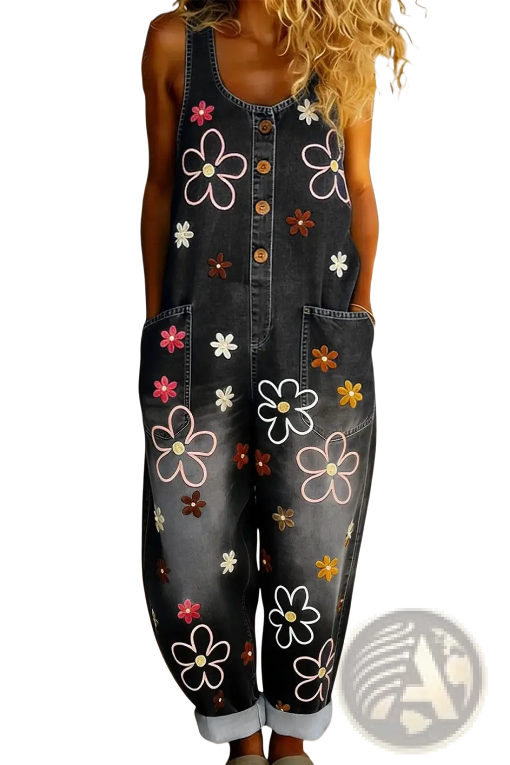 Black denim overalls with colorful pink white and brown embroidered flowers wide leg retro pants design