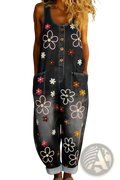 Black denim overalls with colorful pink white and brown embroidered flowers wide leg retro pants design