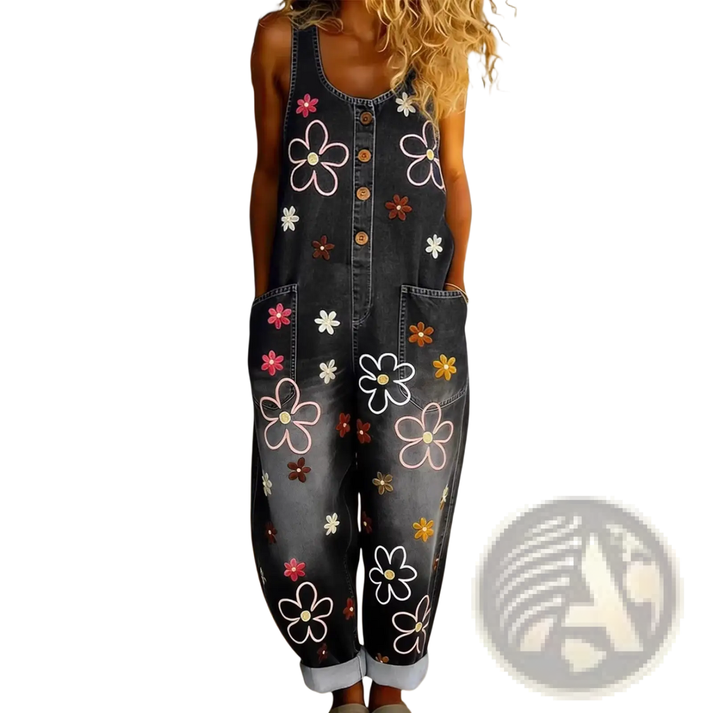 Black denim overalls with colorful pink white and brown flower embroidery wide leg retro pants design