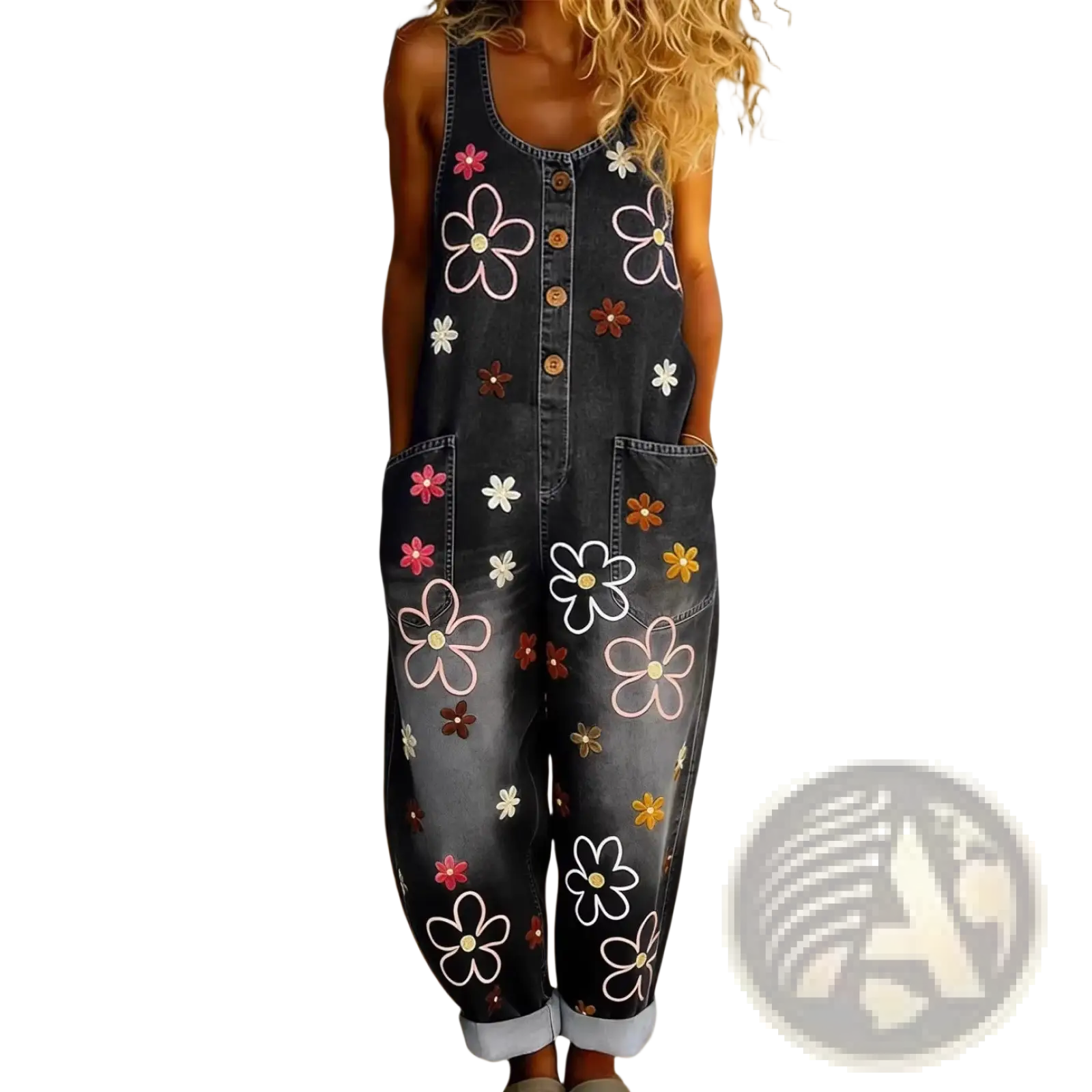Black denim overalls with colorful pink white and brown flower embroidery wide leg retro pants design