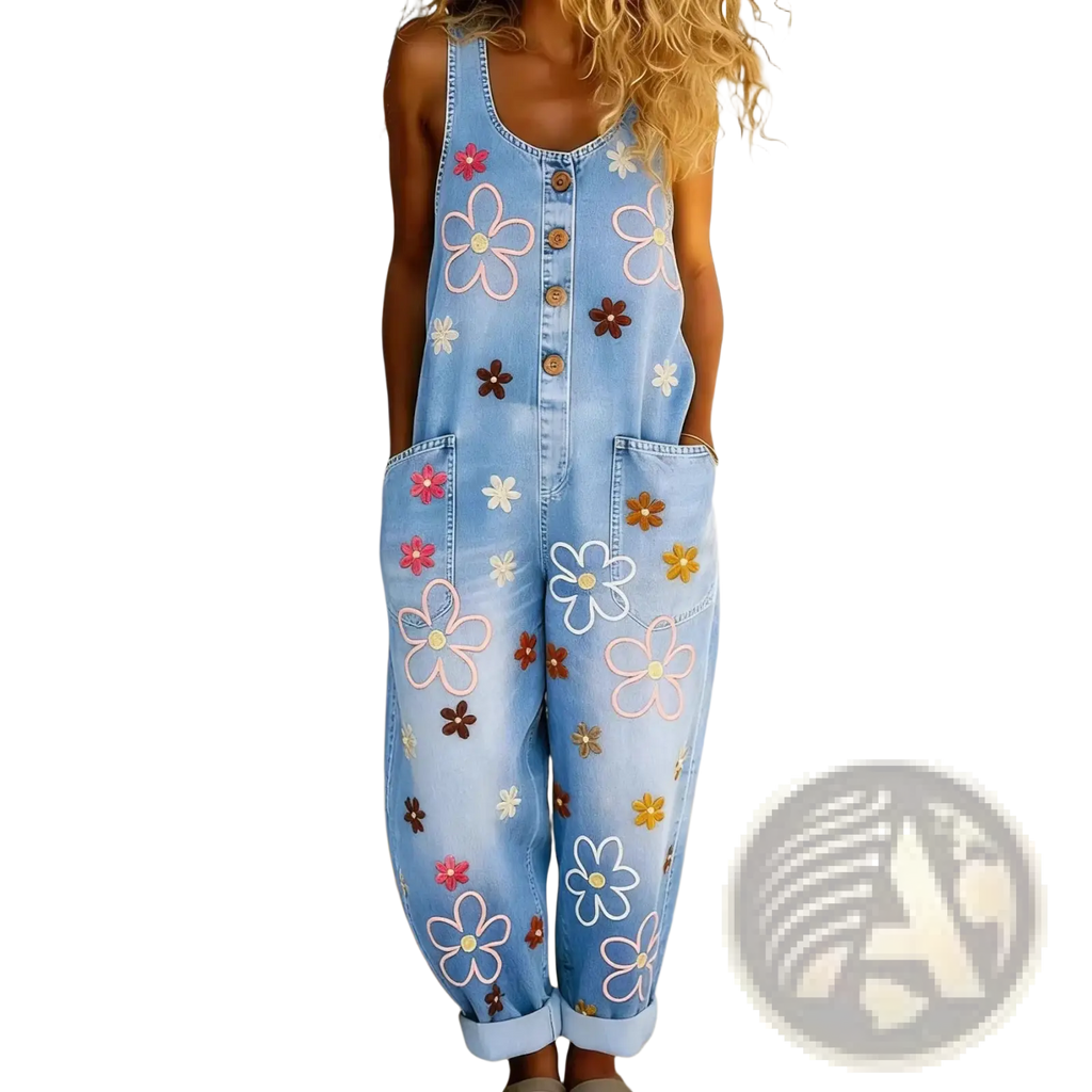 Light blue denim embroidered overalls with wide leg and colorful pink white and brown flower designs retro pants