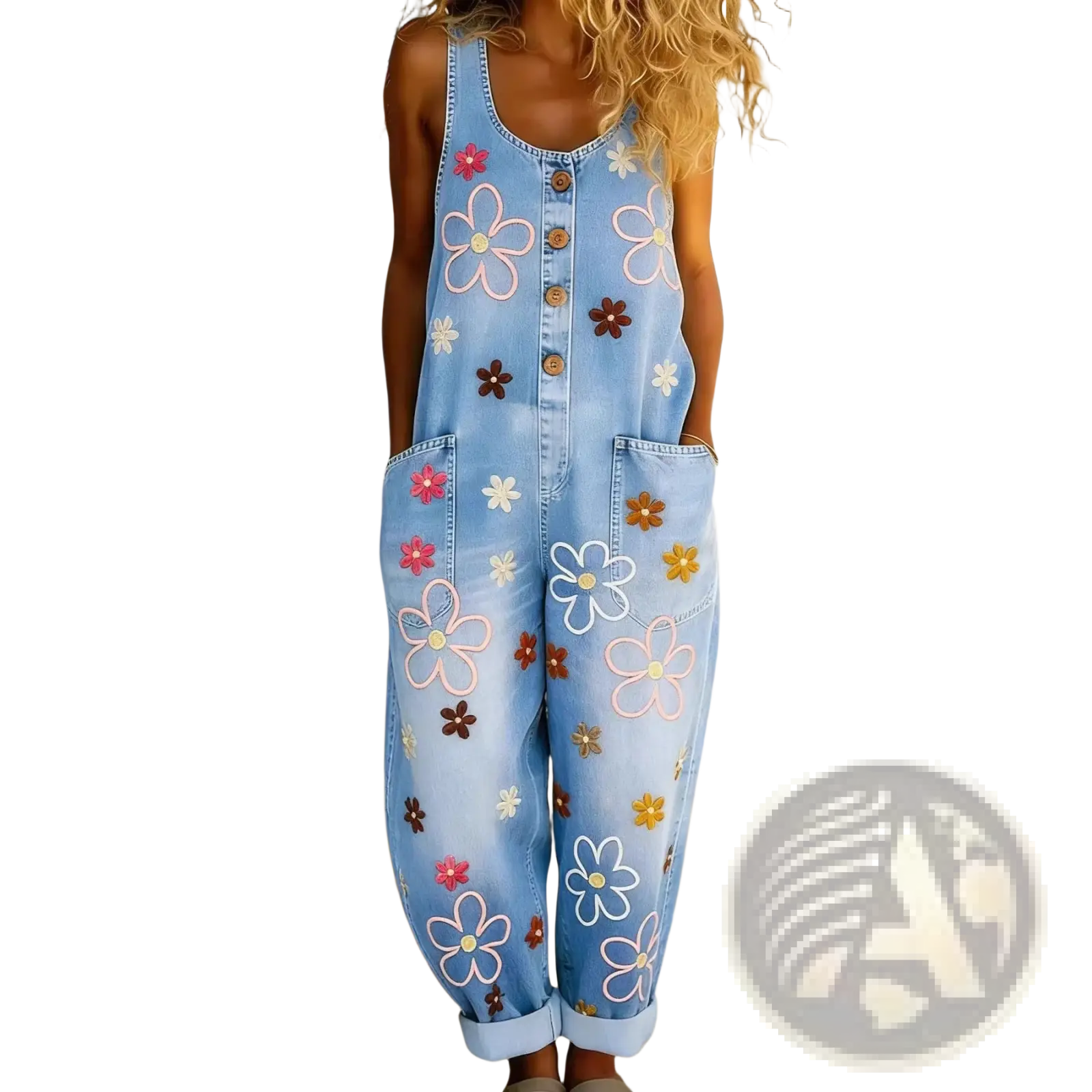 Light blue denim embroidered overalls with wide leg and colorful pink white and brown flower designs retro pants