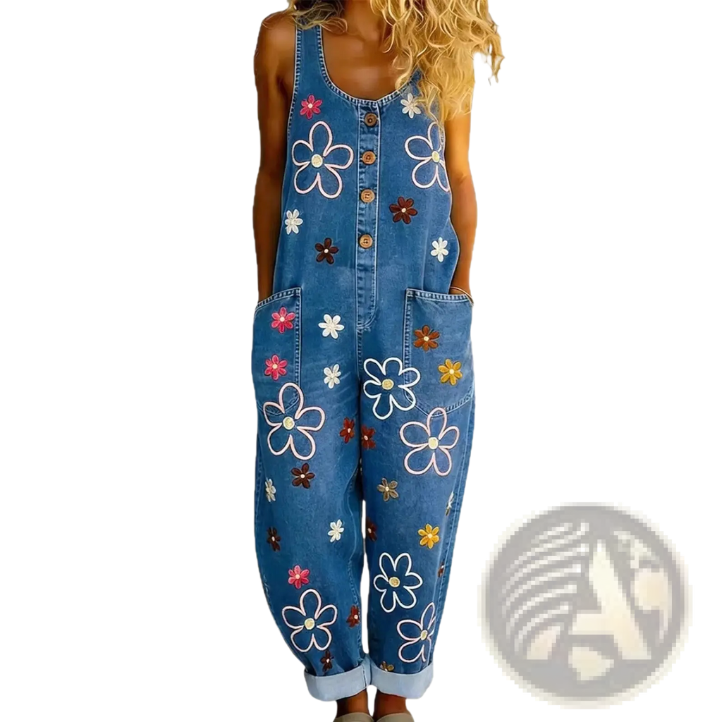 Blue denim embroidered overalls with colorful pink white brown and yellow flowers wide leg retro pants
