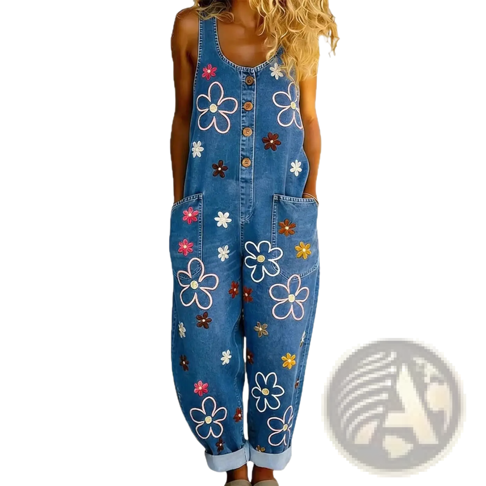 Blue denim embroidered overalls with colorful pink white brown and yellow flowers wide leg retro pants