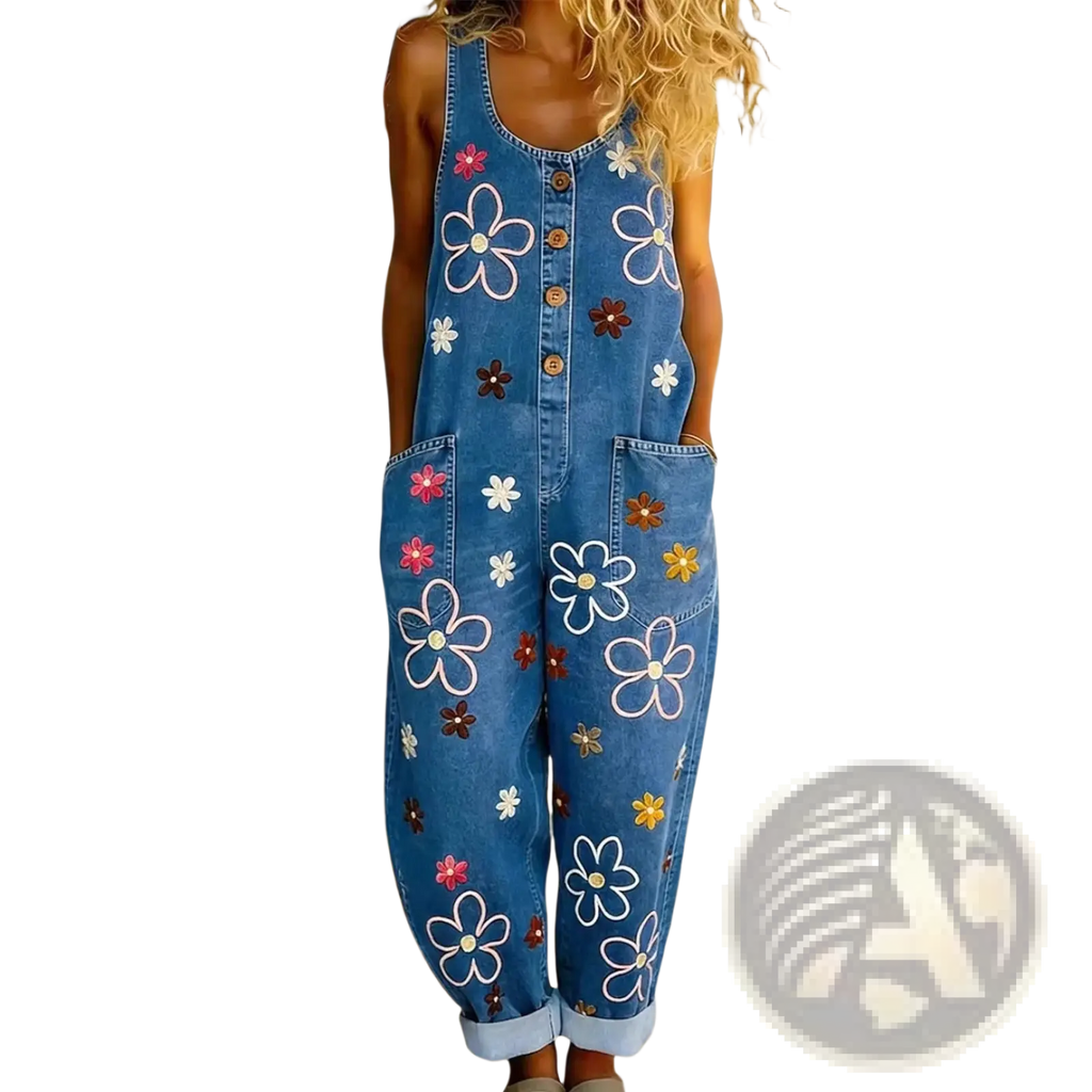 Blue denim overalls with colorful embroidered flowers in white pink yellow and brown wide leg retro pants