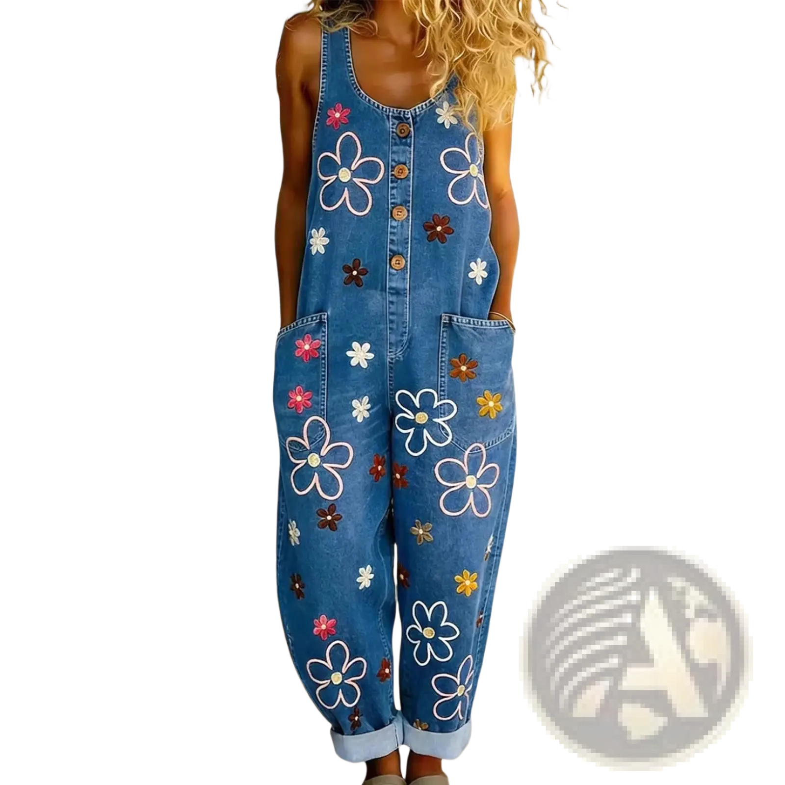 Blue denim overalls with colorful embroidered flowers in white pink yellow and brown wide leg retro pants