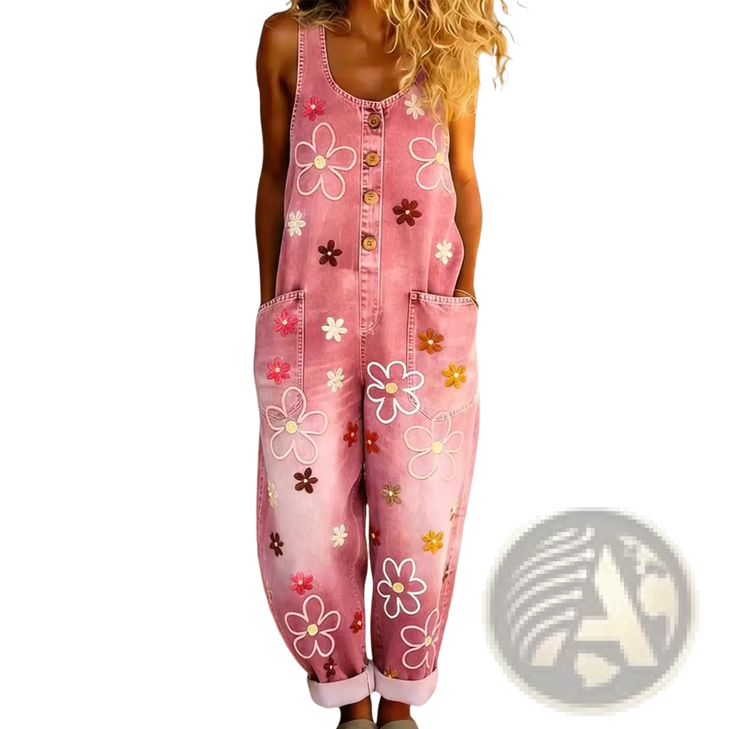 Pink denim overalls wide leg retro pants with colorful white pink brown and yellow embroidered flowers