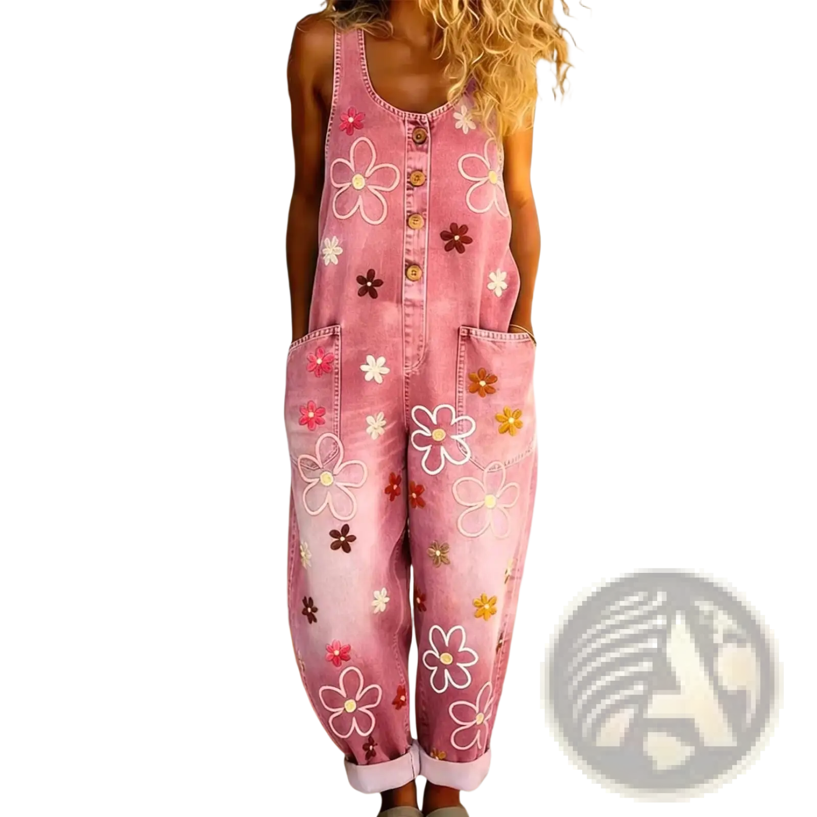 Pink denim overalls wide leg retro pants with colorful white pink brown and yellow embroidered flowers