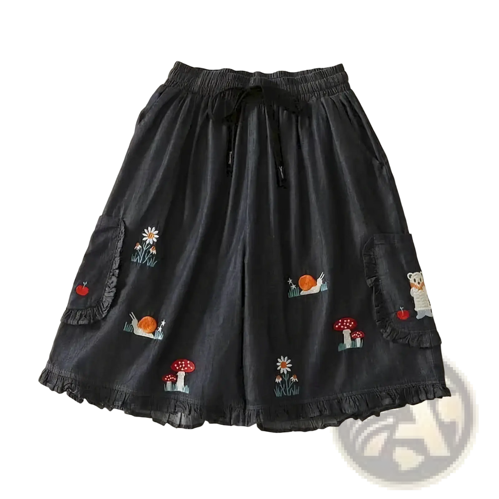 Dark gray linen embroidered denim shorts with playful motifs, ruffled hem, side pockets, casual loose high waist design