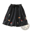 Dark gray linen embroidered denim shorts with playful motifs, ruffled hem, side pockets, casual loose high waist design