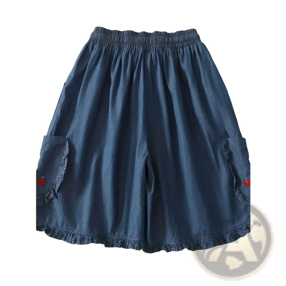 Blue denim shorts with ruffled hem and cherry embroidery on side pockets casual loose high waist design