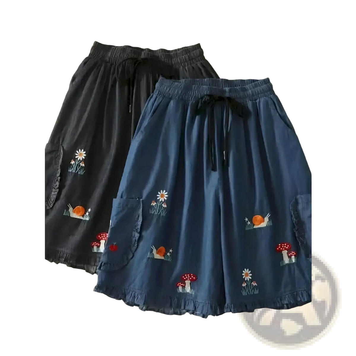 Embroidered denim shorts casual loose high waist in blue with embroidered snails mushrooms and flowers on pockets and hem