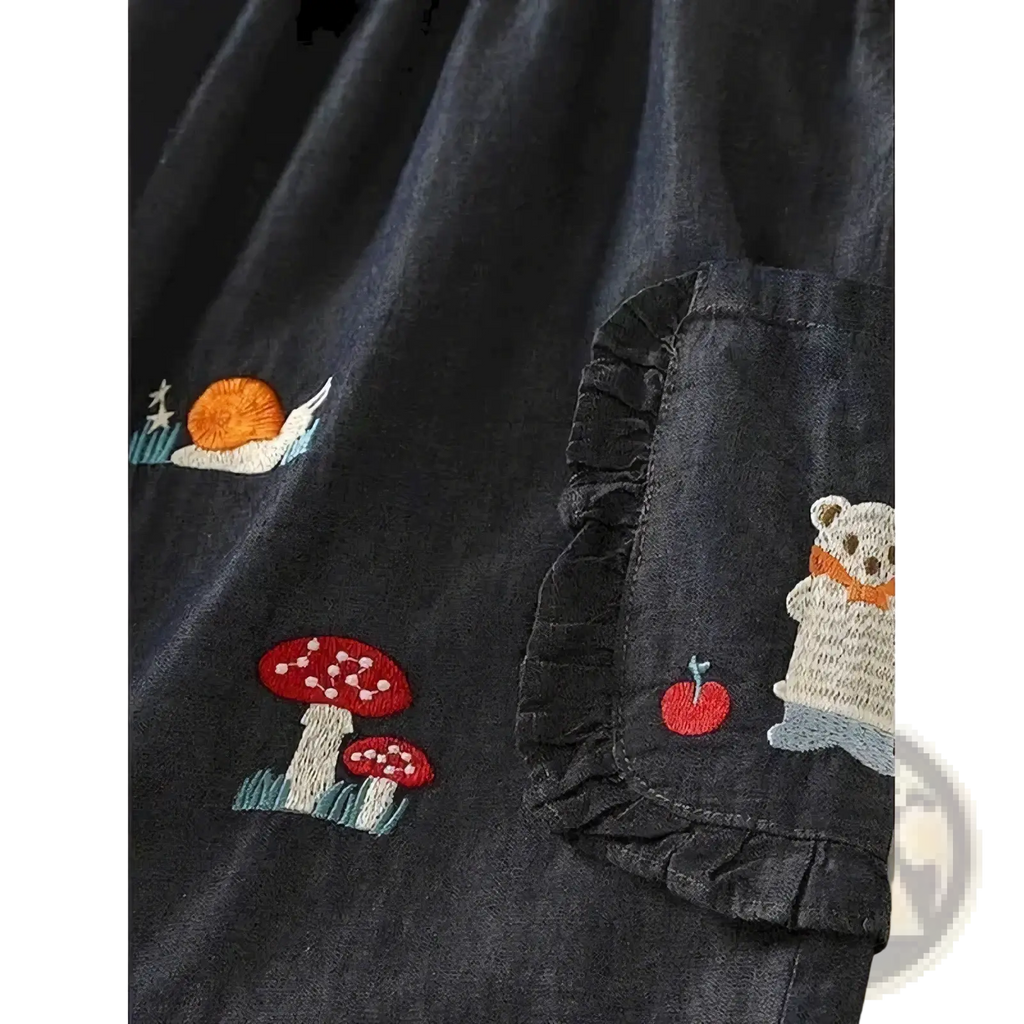 Dark denim embroidered shorts with red mushrooms snail and bear motifs featuring a casual loose high waist design