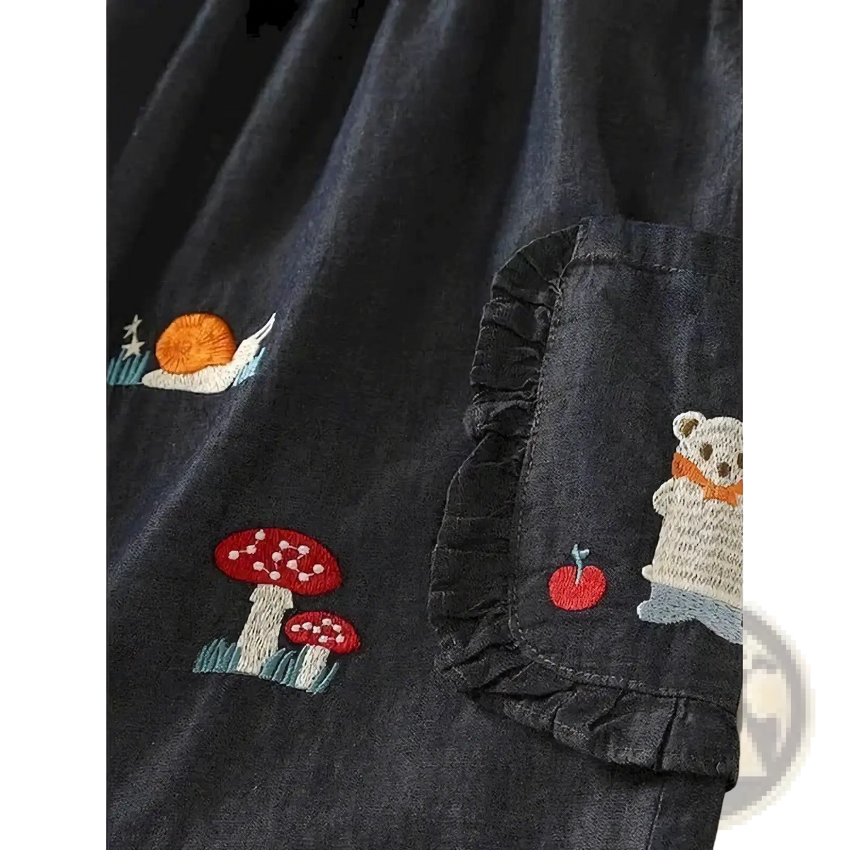 Dark denim embroidered shorts with red mushrooms snail and bear motifs featuring a casual loose high waist design