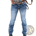 Blue denim embroidered straight leg jeans with decorative stitching and frayed hem shown from the back side