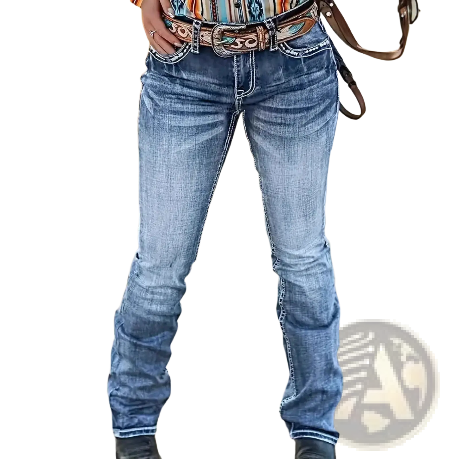 Blue denim embroidered straight leg jeans with decorative stitching and frayed hem shown from the back side