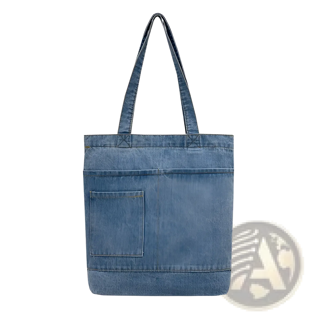 Blue embroidered denim tote bag with front pocket and soft sturdy handles for everyday use