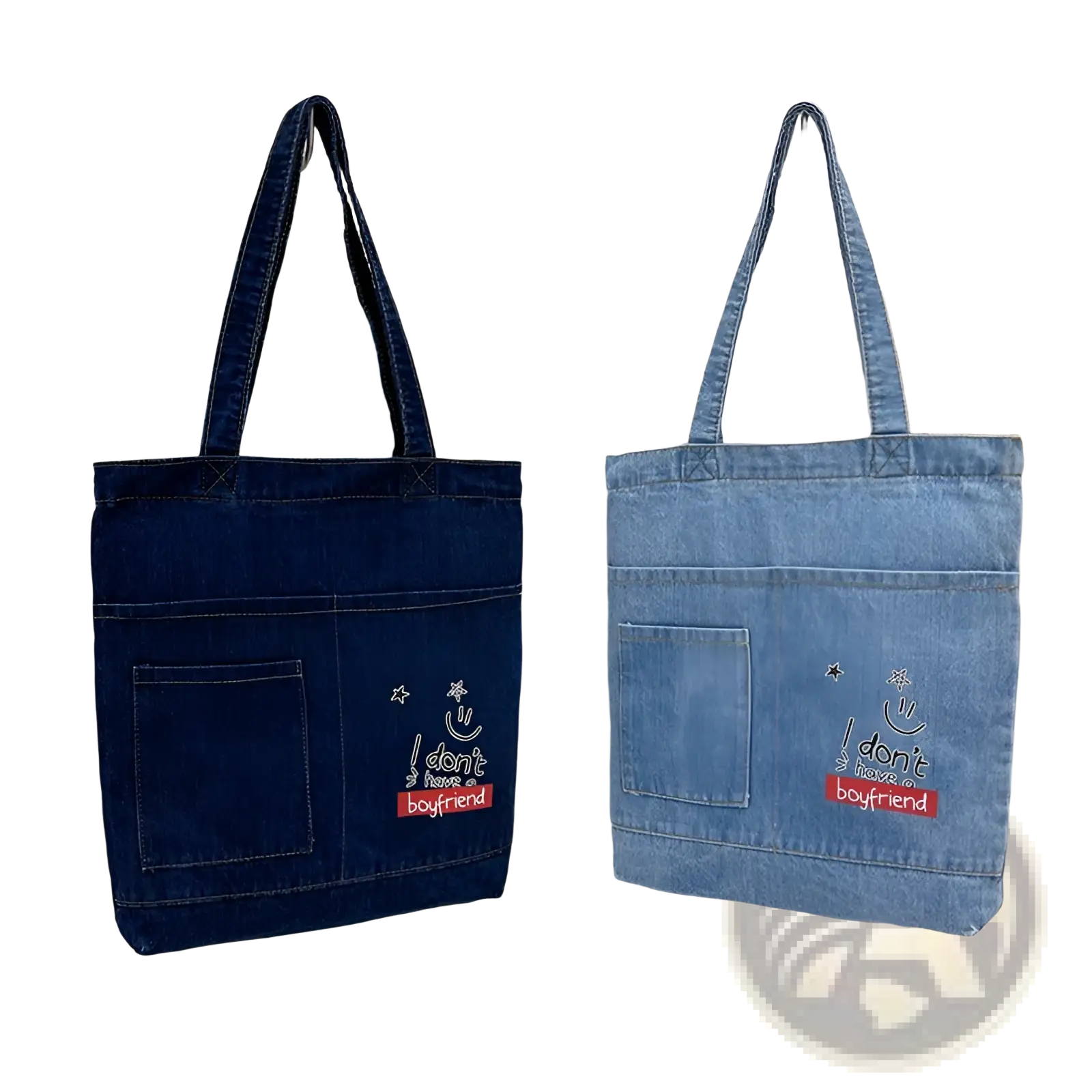 Two denim tote bags in dark and light blue with embroidered slogan and soft handles for casual use