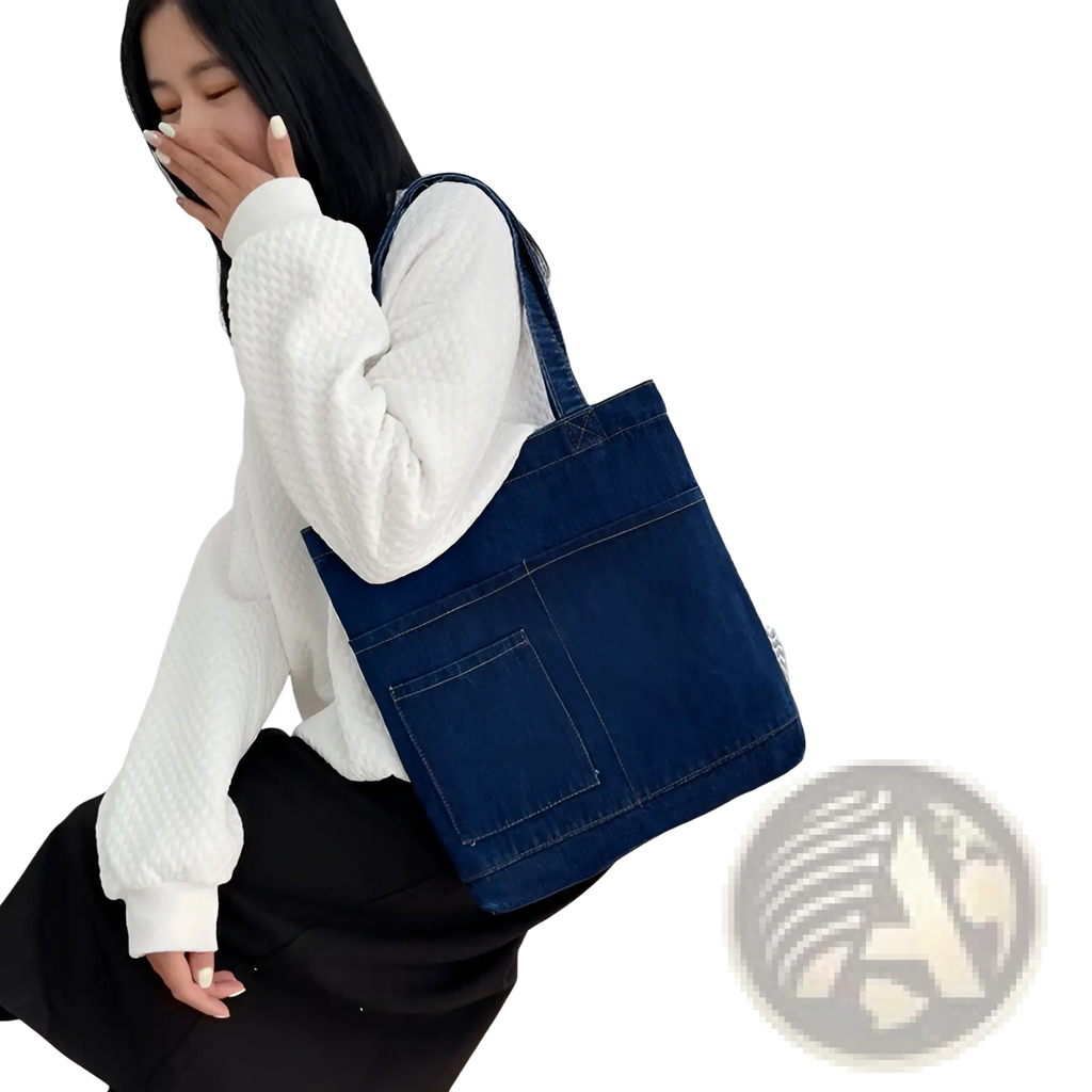Blue denim tote bag with embroidered slogan front pocket and soft sturdy handles for everyday use