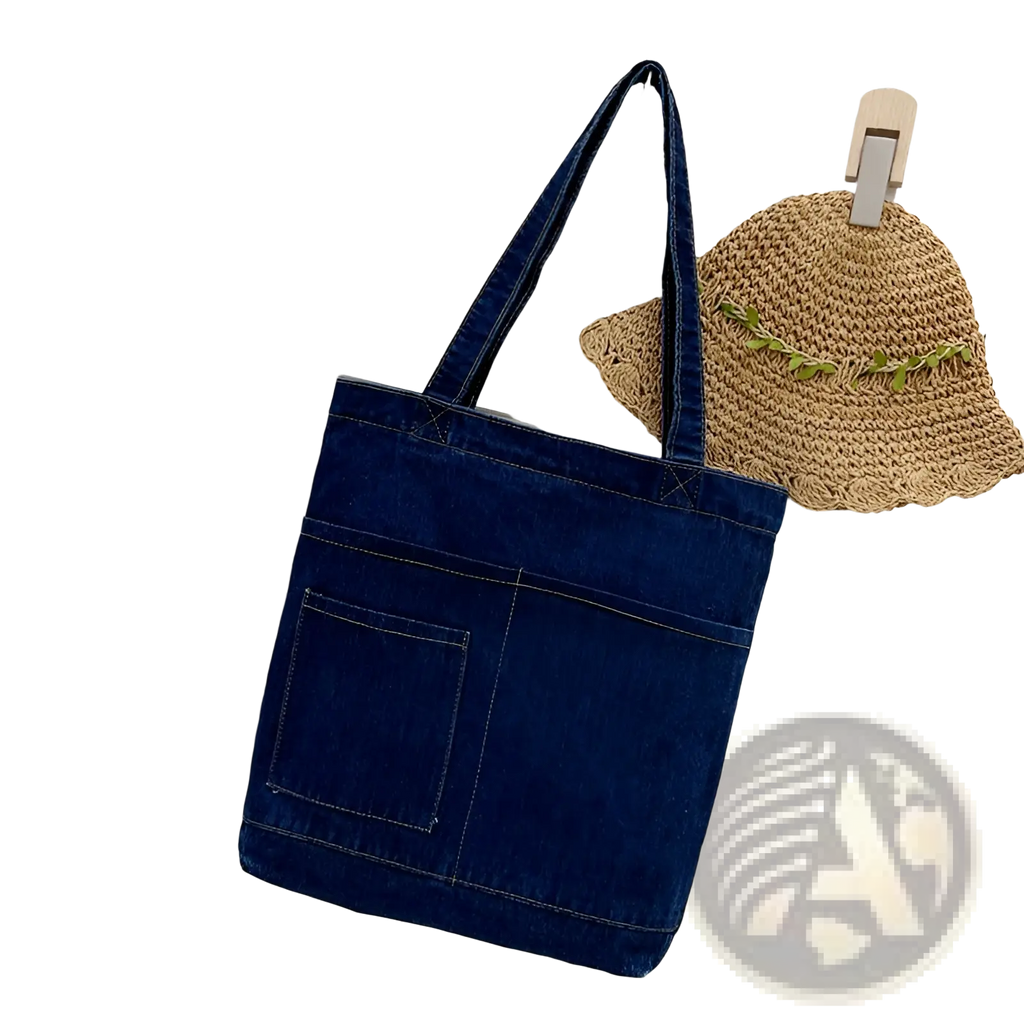Deep blue embroidered denim tote bag with two front pockets and soft sturdy handles for everyday use