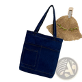 Deep blue embroidered denim tote bag with two front pockets and soft sturdy handles for everyday use