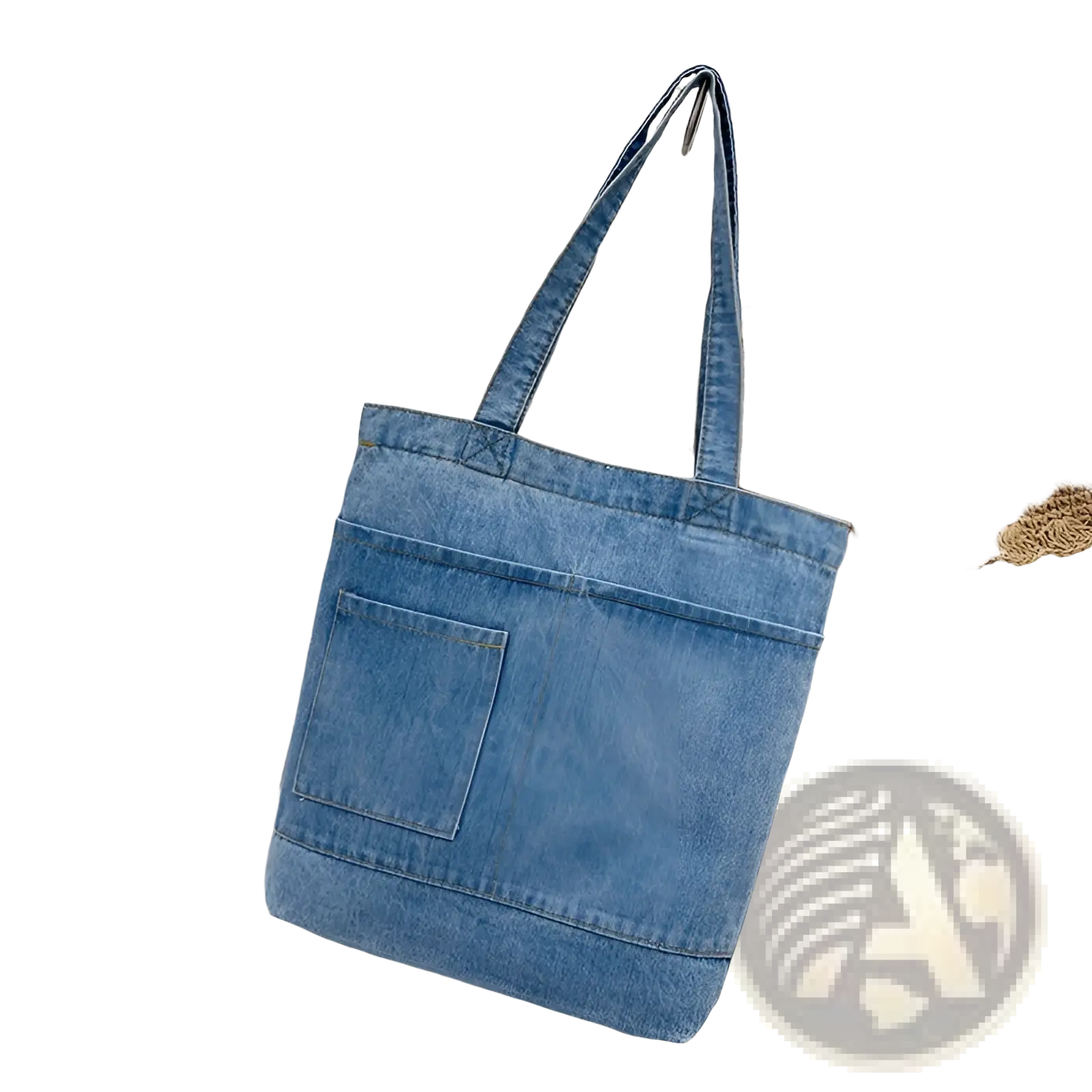 Blue denim tote bag with front pocket sturdy handles embroidered slogan and soft handle for everyday use