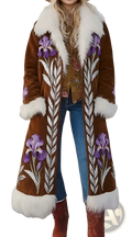 Brown velvet embroidered faux fur long winter coat with white fur trim and purple iris embroidery