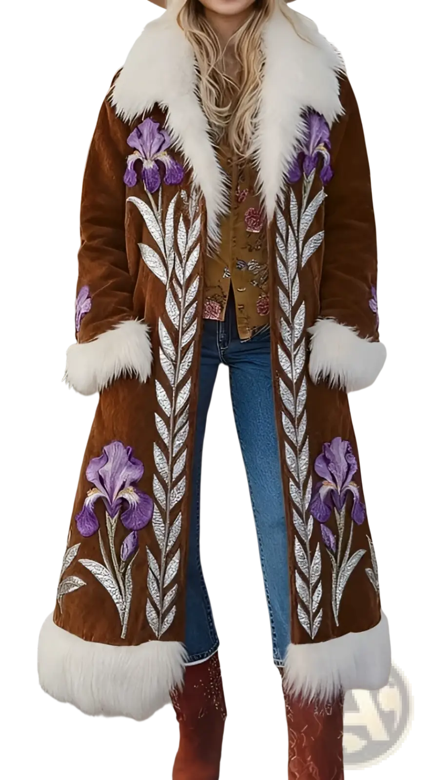 Brown velvet embroidered faux fur long winter coat with white fur trim and purple iris embroidery