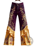 Embroidered flared pants high waisted retro denim jeans with purple and yellow floral embroidery and ruffled hem