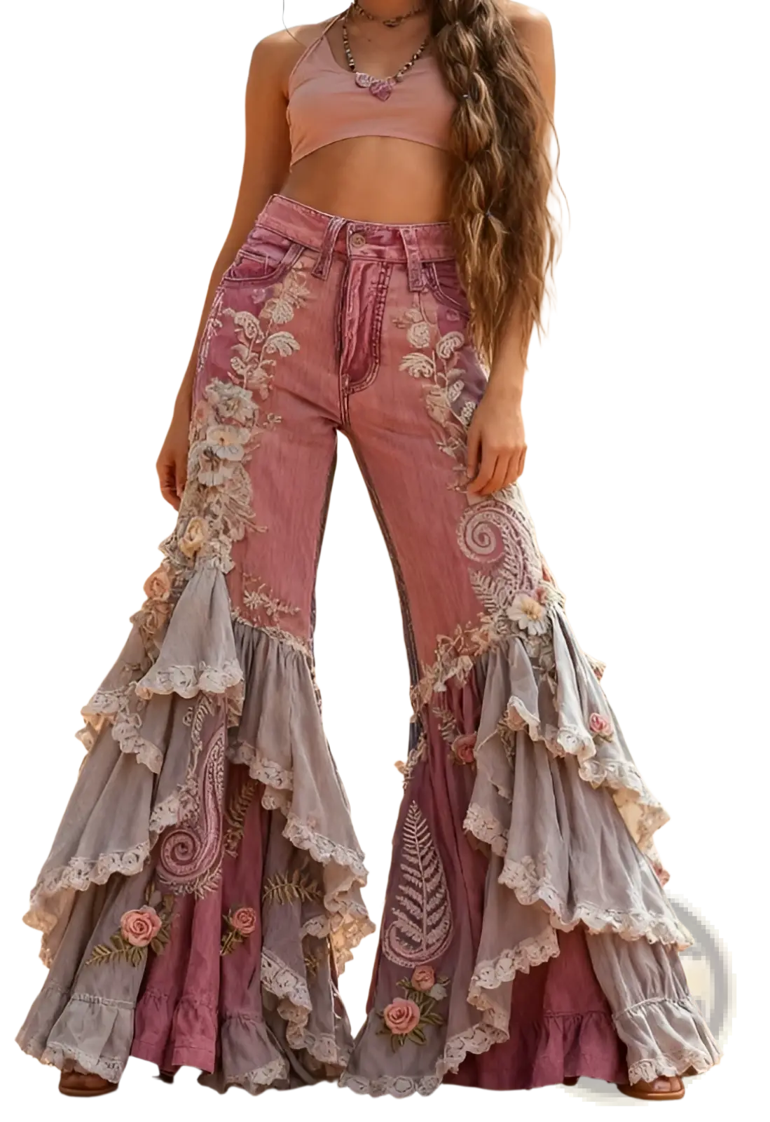 Embroidered flared high waisted denim pants in pink and gray with ruffled layers and lace trim