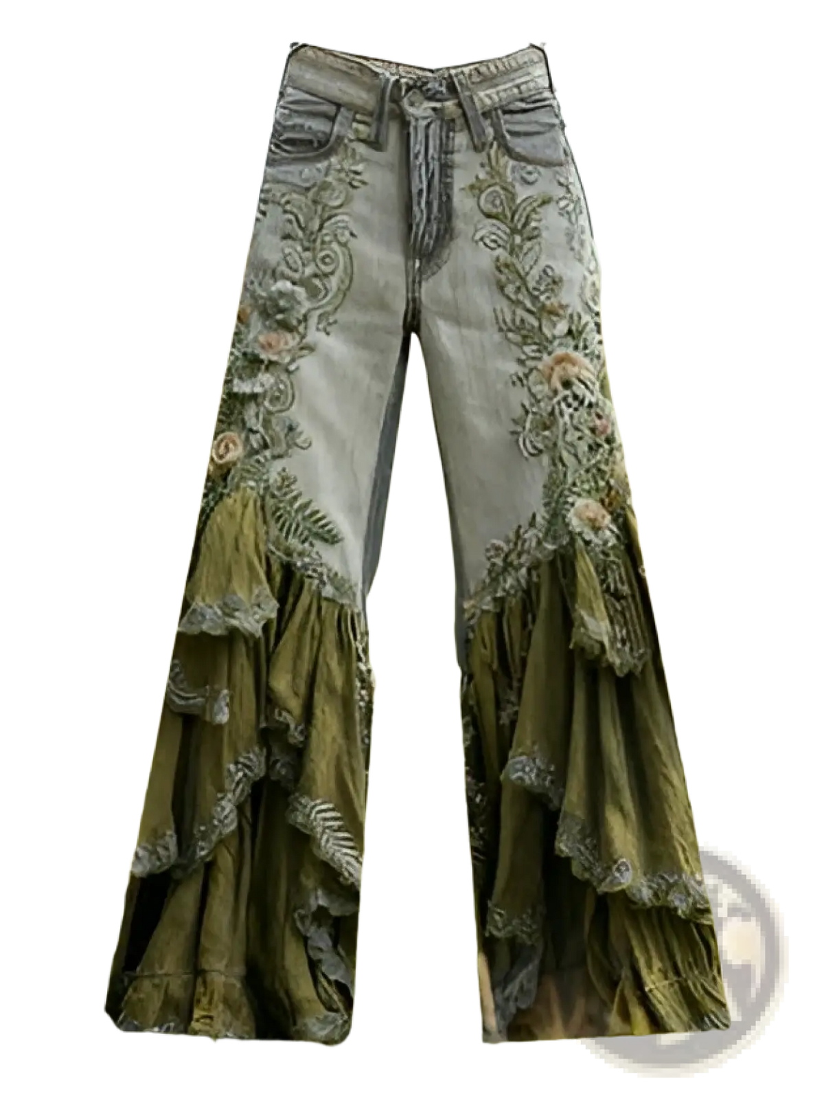 Embroidered flared high waisted retro denim jeans with intricate floral embroidery and olive green ruffles on lower legs