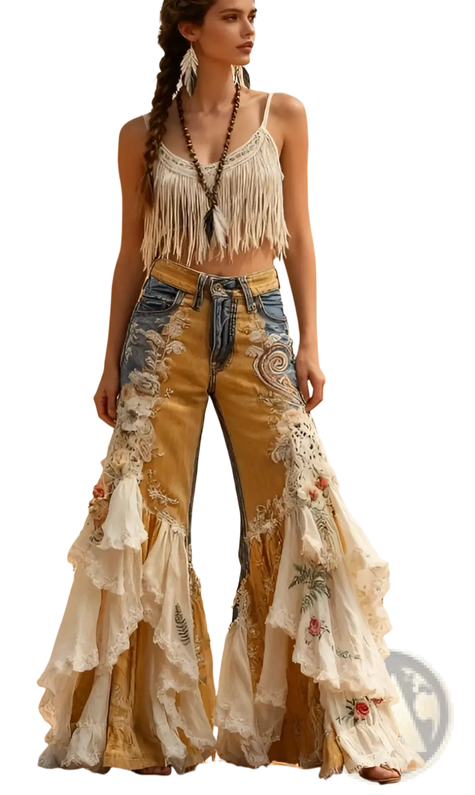 Embroidered flared pants high waisted retro denim jeans with faded yellow blue wash and cream lace rose ruffles