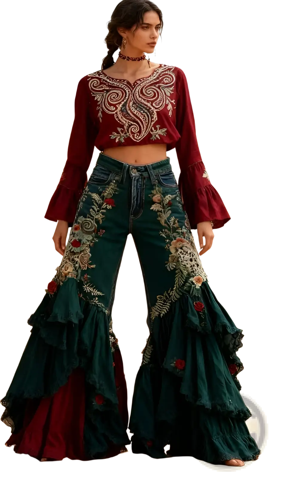 A woman wears embroidered flared high waisted retro denim jeans with dark green and red layered ruffles and a maroon top