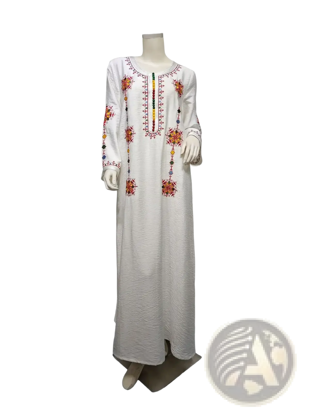 White embroidered long-sleeved abaya with colorful floral patterns and beaded details in Dubai kaftan gown style