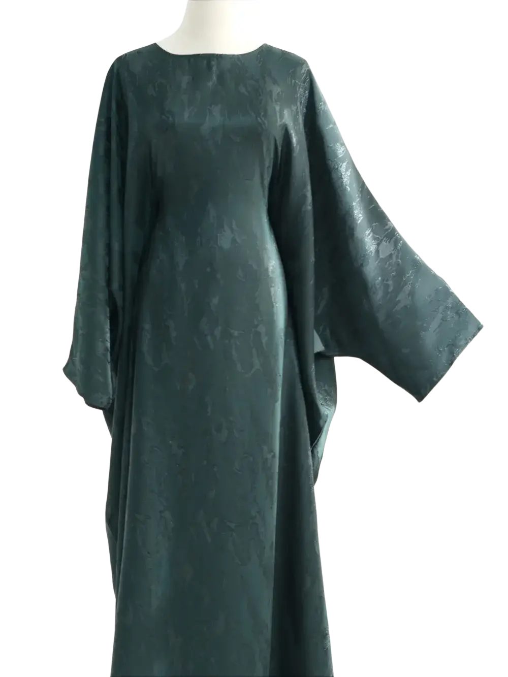 Dark green satin embroidered floral abaya kaftan maxi dress with subtle embossed pattern and wide flowing sleeves
