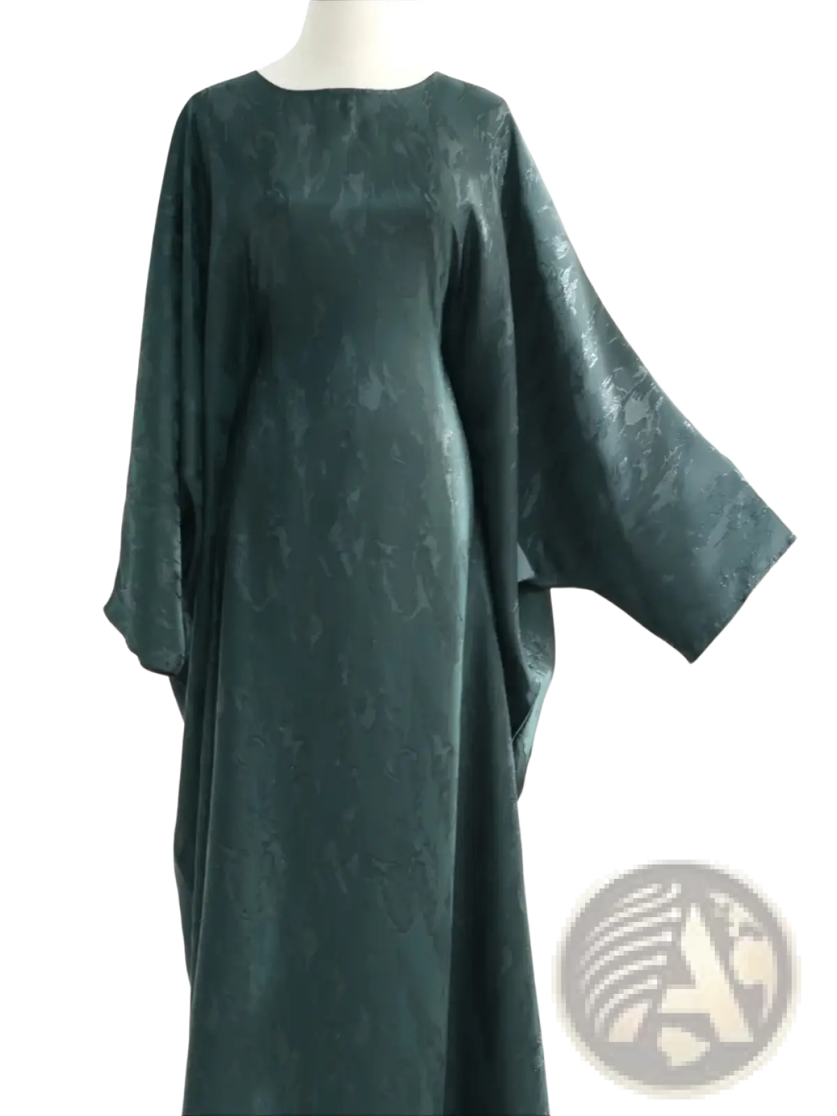 Dark green satin embroidered floral abaya kaftan maxi dress with subtle embossed pattern and wide flowing sleeves