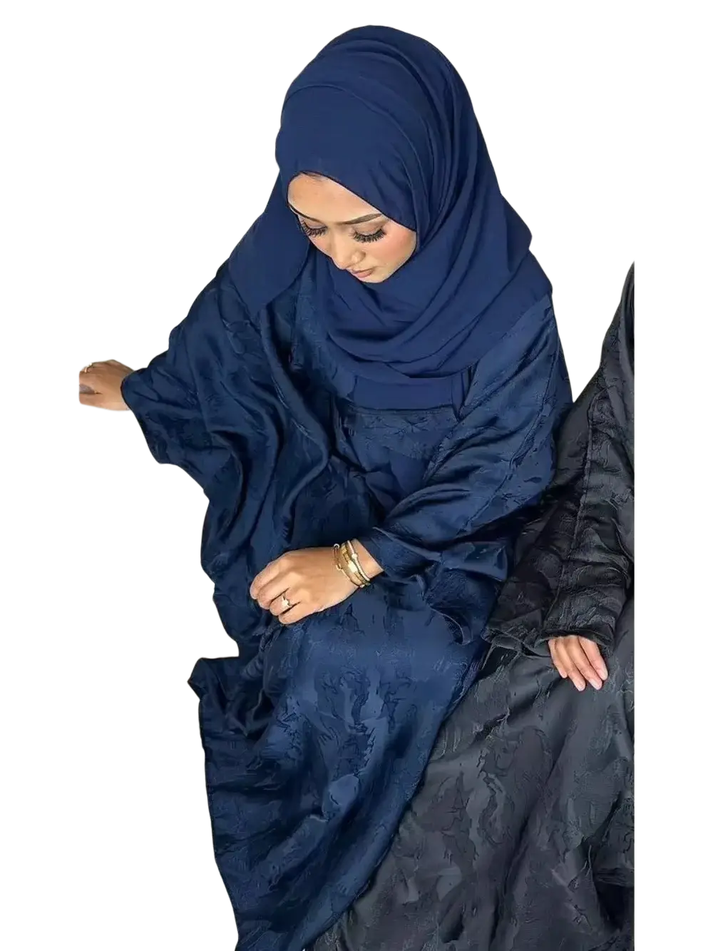 Navy blue textured fabric embroidered floral abaya kaftan maxi dress with matching hijab for elegant modest wear