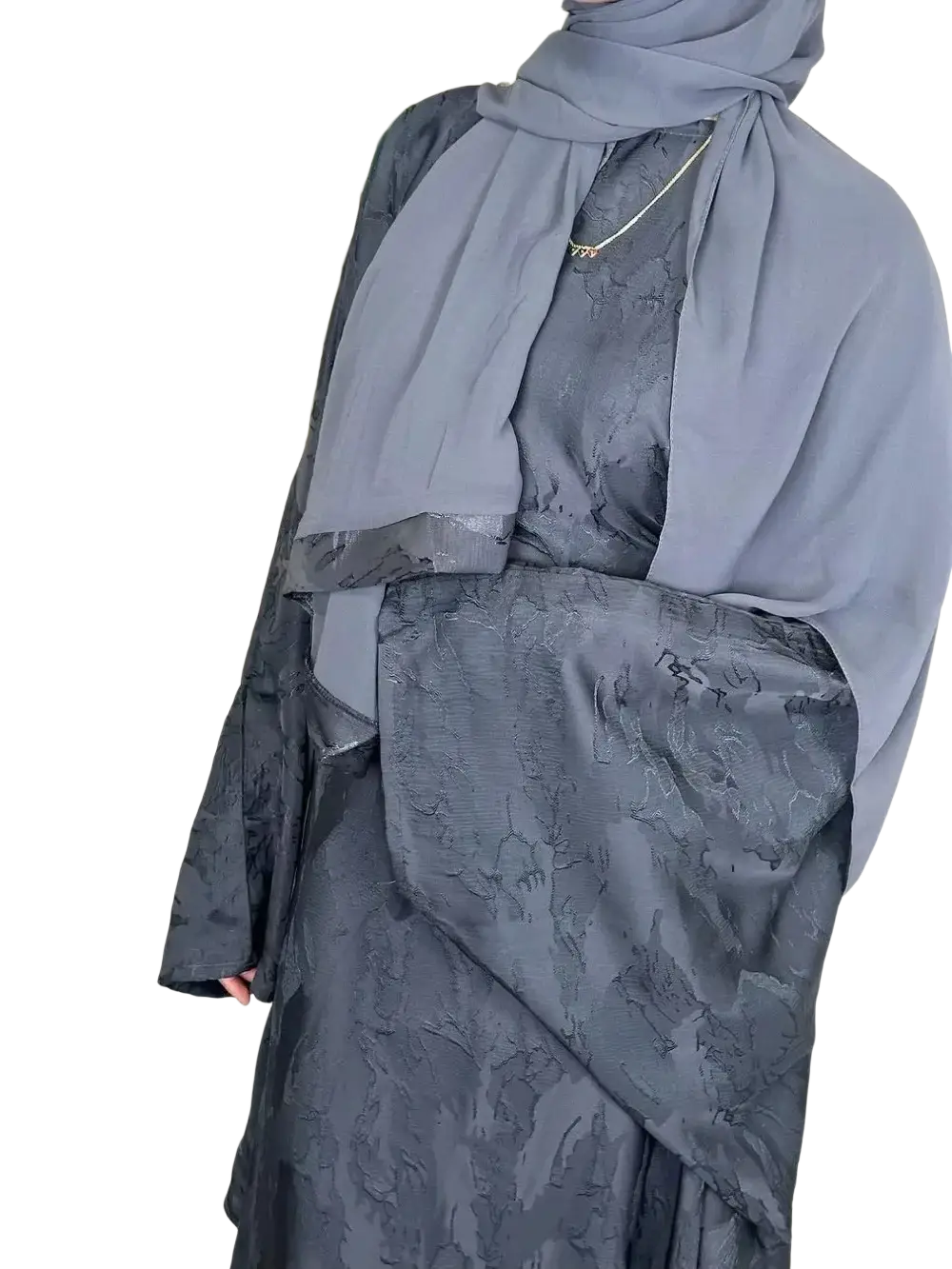 A sophisticated gray embroidered floral abaya kaftan maxi dress with subtle texture and layered fabric paired with matching hijab