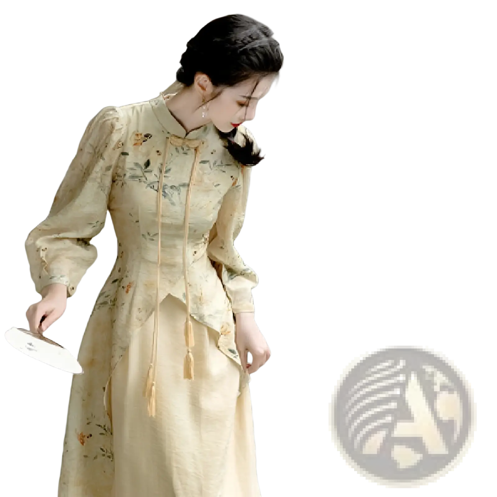 A woman wears a beige embroidered floral apricot cheongsam dress with long sleeves and a high collar featuring tassels