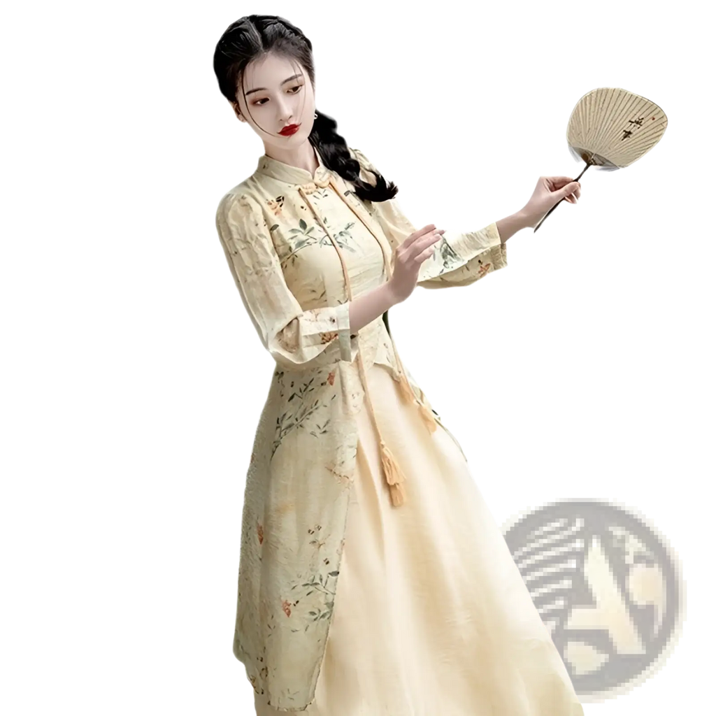 A delicate beige embroidered floral apricot cheongsam dress with high collar three-quarter sleeves and tassels